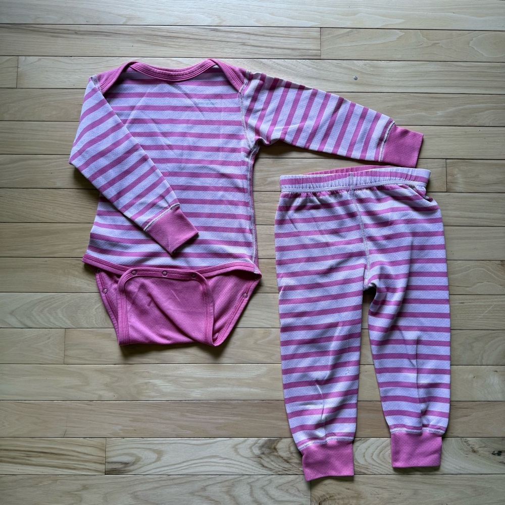 Patagonia Pink and White Striped Base Layer Set
